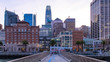 San Francisco, the Embarcadero, downtown at sunset, view from the pier, panorama 