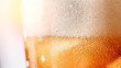 Close up gold blur background texture of yellow lager beer with froth and bubbles in glass, copy space