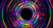 Abstract saturated rainbow colorful circle background. Glowing rays emanate from center. 3D rendered design element
