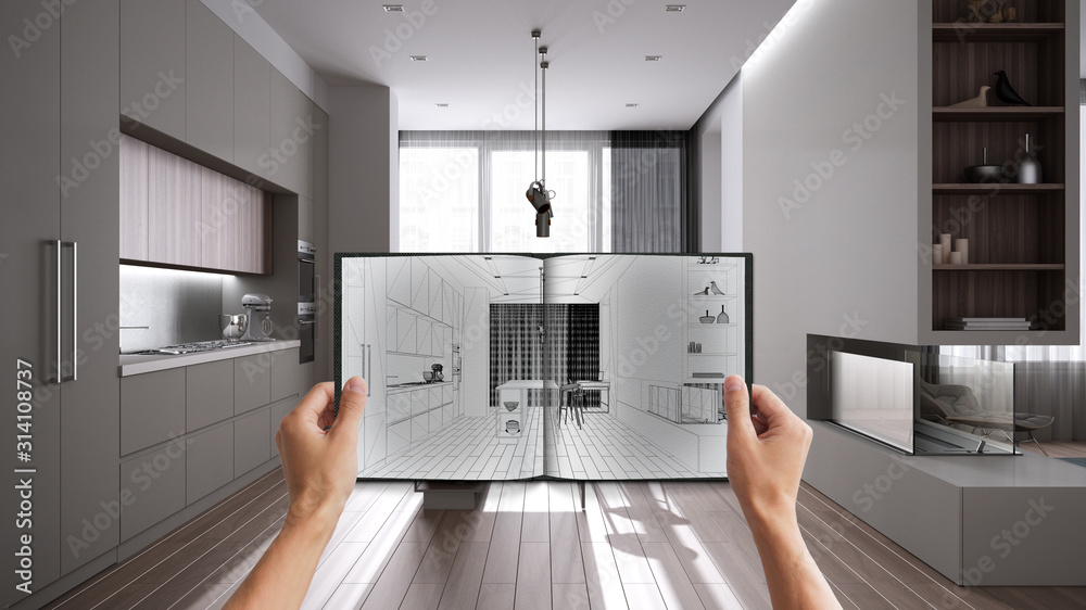 Illustration Stock Hands holding notepad with minimal kitchen design ...
