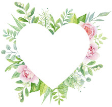 Watercolor Green Botanical Heart Shaped Frame With Rose Peonies