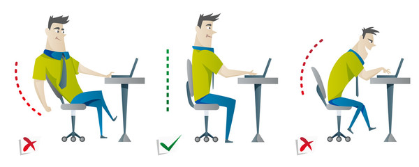 Correct and Incorrect back sitting position. Good and bad position spin. Vector illustration in flat style isolated for white background