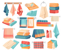 Large Set Of Colored Towel Icons Hanging On Pegs, Folded In Assorted Stacks And Piles, Rolled As A Decoration And Laid Out Flat, Vector Illustration