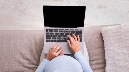 Pregnant Lady Using Laptop Sitting On Sofa, Mockup, Cropped, Panorama