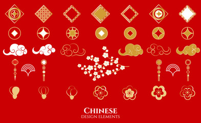 Set of decorative Chinese elements. Golden clouds, flowers and sakura on red background. Vector illustration