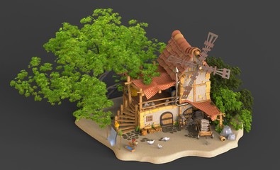 3d render. Rural miller house on gray background. Render.