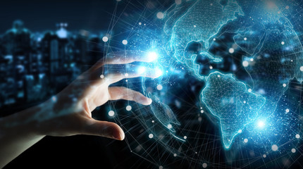 Fototapete - Businessman hand using America USA map globe network hologram 3D rendering