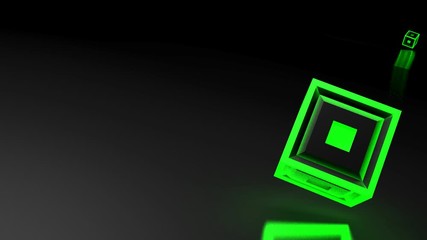 Poster - A black cube with green lighted structure is rotating over a red surface having a white grid - 3D rendering video clip