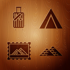 Sticker - Set Egypt pyramids, Suitcase for travel and stickers, Postal stamp and Egypt pyramids and Tourist tent on wooden background. Vector