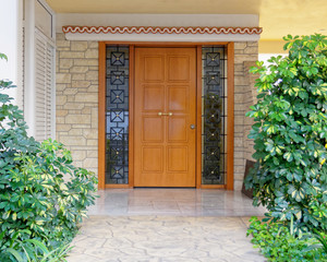 Contemporary house entrance wooden door, Athens Greece