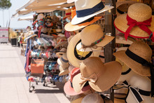 Touristic Street Market Selling Souvenirs Like Straw Hat