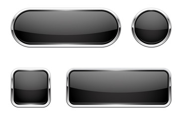 Sticker - Web buttons. Black shiny icons with chrome frame