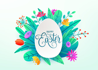 Wall Mural - Happy easter background isolated on white. Holiday greeting in paper cut 3d origami style with egg and minimalistic flat color flowers. Vector illustration. Place for your greeting text