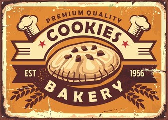 Wall Mural - Delicious homemade cookies retro tin sign design with chocolate cookie, chef hat, decorative ribbons and wheat grain. Retro bakery poster vector illustration. Food theme.