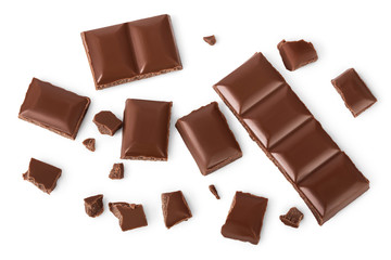 piece of chocolate isolated on white background with clipping path. . Top view. Flat lay.