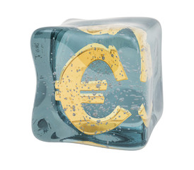 Poster - euro symbol frozen in ice cube, 3d rendering
