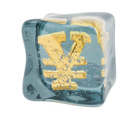 Poster - yen or yuan symbol frozen in ice cube, 3d rendering