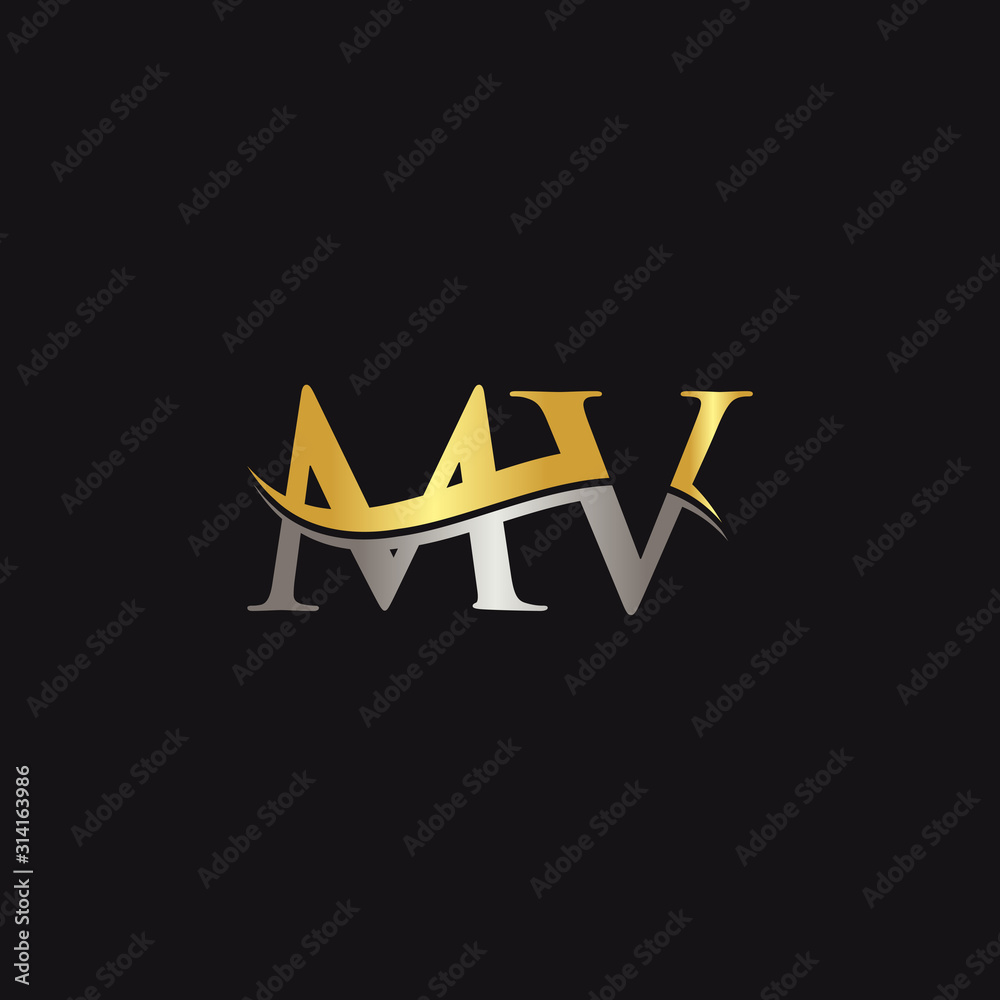 Initial Gold And Silver letter MV Logo Design with black Background ...