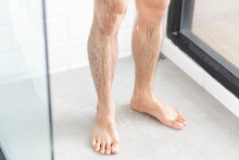 Close Up Man Legs With Taking A Shower In The Bathroom, Health Care
