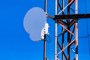 Closeup and detailed view of a circle microwave antenna fixed to steel lattice pylon. Emitting electromagnetic radiation linked to many health hazards