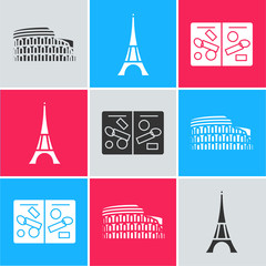 Canvas Print - Set Coliseum in Rome, Italy, Eiffel tower and Passport pages with visa stamps icon. Vector