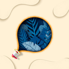 Aufkleber - Megaphone with tropical leaves on dark blue bubble speech grand opening sale background.
