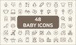 © yoojin - Set of 48 baby and kid Icons line style.  Contains such Icons as toy, baby bottle, feeding bottle, diaper, nappy, mobile, clothing, socks and more. customize color, stroke width control , easy resize.