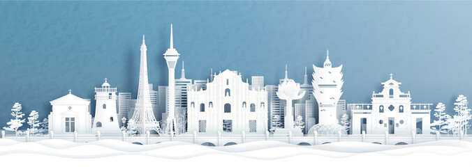 Fototapete - Panorama view of Macau, China city skyline with world famous landmarks in paper cut style vector illustration.