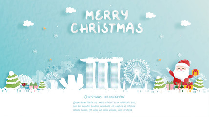 Fototapete - Christmas card with travel to Singapore concept. Cute Santa and gift boxes. World famous landmark in paper cut style vector illustration.
