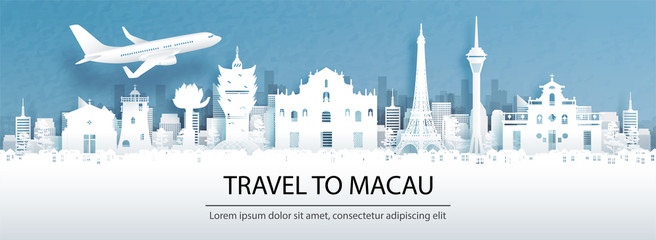 Fototapete - Travel advertising with travel to Macau, China concept with panorama view of city skyline and world famous landmarks in paper cut style vector illustration.