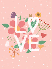 Wall Mural - Sweet valentine's day card in vertical. Valentine background or wallpaper in pink color and text LOVE decor with flower and heart symbol of love look so cute and romantic. Beautiful vector art design.