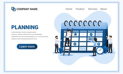 Wall Mural - Schedule plans concept, people work together filling out the schedule on giant calendar, work planning. Can use for web banner, landing page, infographics, web template. Flat vector illustration
