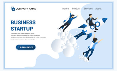 Fototapete - Business start up concept with businessman flying on a rocket. Business success, Entrepreneurship, Successfully start up. Can use for web banner, landing page, web template. Vector illustration