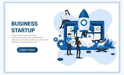 Fototapete - Start up your project concept with people working on rocket launch. Development process, Innovation product, creative idea. Can use for web banner, landing page, web template. vector illustration