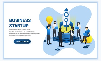 Poster - Business Start up project concept. People working on rocket and getting ready for a launch startup. Flat vector illustration
