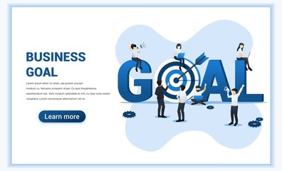 Poster - Business goal concept design. People work, sit and stand near the big GOAL symbol. Target with an arrow, reach the target, goal achievement. Flat vector illustration