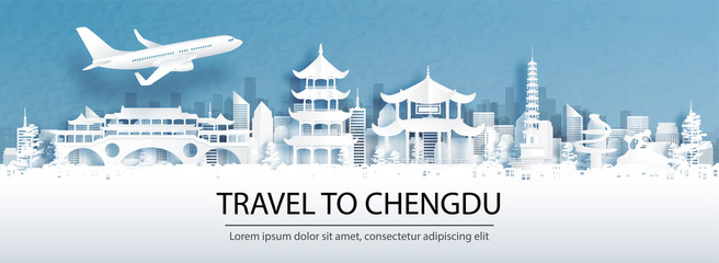 Wall Mural - travel advertising with travel to chengdu, china concept with panorama view of city skyline and worl