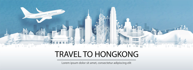 Fototapete - Travel advertising with travel to Hong Kong, China concept with panorama view of city skyline and world famous landmarks in paper cut style vector illustration.