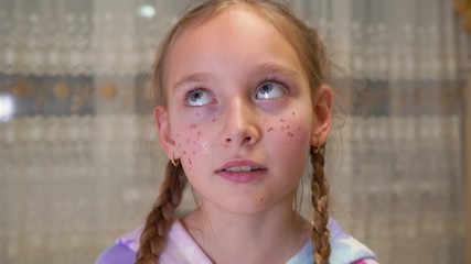 portrait young girl with shining makeup on face looking upset. face frustrated teenager girl with sp