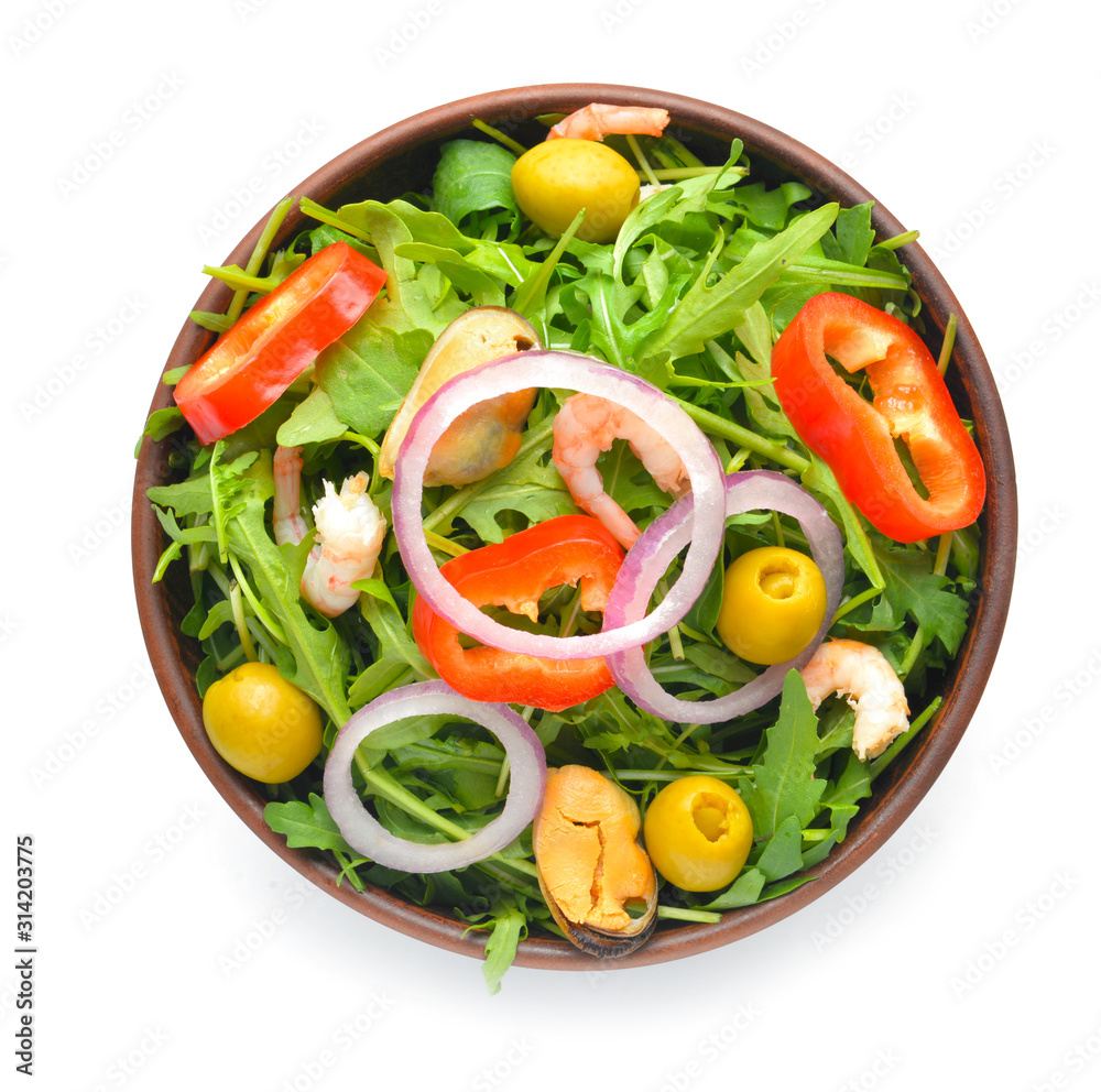 Plate with tasty salad on white background
