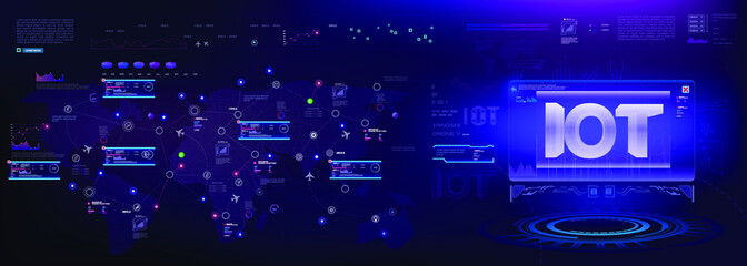 Poster - Internet of things (IoT) Networking concept for connected devices. Spider web of network connections on the world map