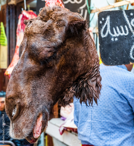 Fotomural Camel meat in the local market, Fez, Morocco
