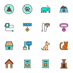 Pet shop filled outline icons set, line vector symbol collection, linear colorful pictogram pack. Signs, logo illustration, Set includes icons as dog, cat, canine food, collar, animal leash, dog house