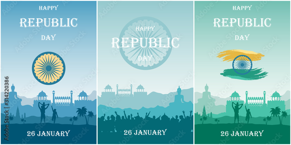 Set cards for Republic Day of India. Silhouette of people outdoors and Red Fort on background of mountains landscape. Vector illustration for invitation cards for the independence celebration. - obrazy, fototapety, plakaty 