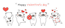 Draw Pug Dog With Little Red Hearts For Valentine.