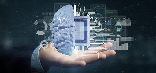 Poster - business man holding artificial intelligence icon with half brain and half circuit 3d rendering