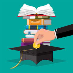 Wall Mural - Graduation cap, open book and gold coin. Education savings and investment concept. Academic and school knowledge. Vector illustration in flat style