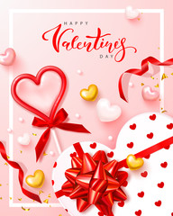 Happy Valentines Day festive banner. Vector illustration with 3D lollipop,red ribbons, gift box and Golden confetti.Modern holiday background for postcard, poster and other design