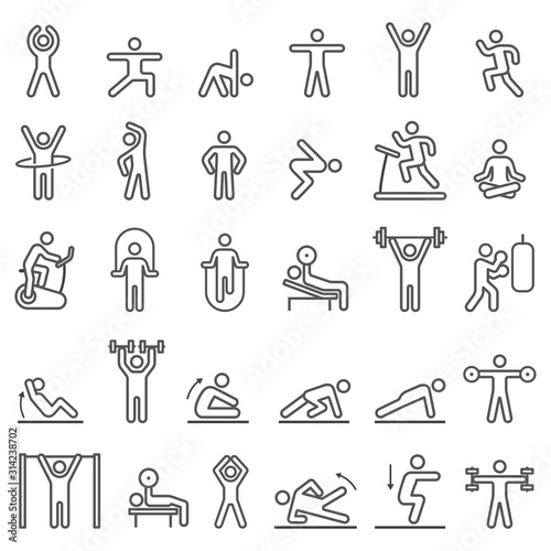 Cuadros en Lienzo Fitness exercise workout line icons set. Vector illustrations.