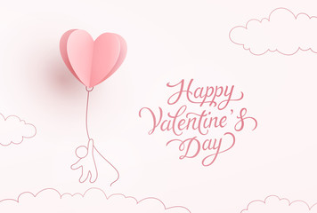 Wall Mural - Heart flying balloon with man on pink background. Vector love postcard for Happy Valentine's Day greeting card design.